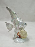 Régi kézzel festett lüszter mázas Drasche porcelán hal csigával figura hibátlan állapotban 15,5 cm.