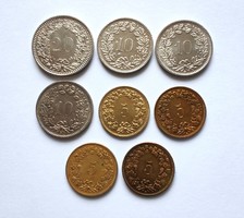 Svájc 8 db, 5-10-20 Rappen, 1969, 1982, 1993, 2008, 2010.