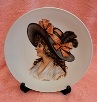Ritka szecessziós kalapos hölgyes porcelán tányér, dísztányér (L5307)