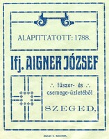 Tasak, zacskó: Fűszer, csemege. Aigner József Szeged.