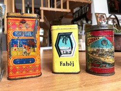 Régi fém pléh dobozok, Szent István cikória, Turán, Dara, Meinl tea, Kneipp maláta