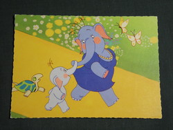Képeslap,MOKÉP,mozi,Pannónia filmstúdió,Kiváncsi Fáncsi,rajzfilm,grafikai rajzos,elefánt, 1986