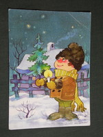 Képeslap,Foky Ottó - Emmi,grafikai rajzos,karácsony,ünnepi,gyerek modell,1990-