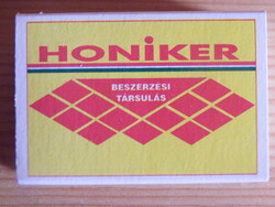 Retro rég teli doboz gyufa - Honiker beszerzési társulat reklám felirattal -