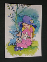 Képeslap,Foky Ottó - Emmi,grafikai rajzos,húsvét,ünnepi,kislány,nyúl,1990-