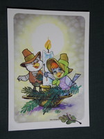 Képeslap,Foky Ottó - Emmi,grafikai rajzos,madár,veréb,karácsony,ünnepi,1990-