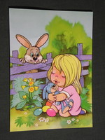 Képeslap,Foky Ottó - Emmi,grafikai rajzos,nyúl,tojás,gyerek modell,húsvét,ünnepi,1990-