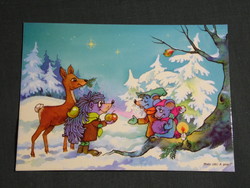 Képeslap,Foky Ottó - Emmi,grafikai rajzos,őz,egér,sűn,karácsony,ünnepi,1990-