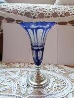 Vintage ezüst talpas, 28,5 cm. magas kék kristály váza