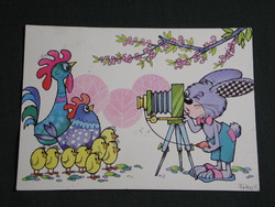 Képeslap,Foky Ottó - Emmi,grafikai rajzos,nyúl,tojás,csibe,húsvét,ünnepi,1990-