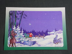 Képeslap,Foky Ottó - Emmi,grafikai rajzos,őz,nyúl,télapó,mikulásszán,karácsony,ünnepi,1990-