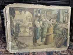 Kárpitos és szíjgyártó szakmát bemutató iskolai szemléltető tabló, 1900-as évek eleje Eschner féle