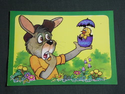 Képeslap,Foky Ottó - Emmi,grafikai rajzos,nyúl,tojás,csibe,húsvét,ünnepi,1990-