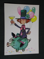 Képeslap,Foky Ottó - Emmi,grafikai rajzos,malac,újévi,ünnepi,1990-