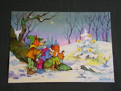 Képeslap,Foky Ottó - Emmi,grafikai rajzos,róka,nyúl,mókus,karácsony,ünnepi,1990-