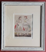 Kalocsai népviseletben színezett rézkarc