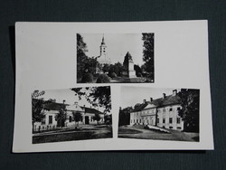 Képeslap,Bóly,Németbóly,emlékmű,templom,Erzsébet tér,Herceg Montehuovo kastély,1950-