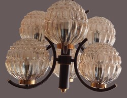 Retro,vintage szarvasi 6 ágú külonleges üveg burás csillár, mennyezeti lámpa, mid century,space age