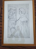 Borsos Miklós: Önarckép Mona Lisával rézkarc