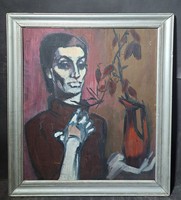 Női portré Zsolnay fülesvázával, 1960 körül (olaj, fa) Törzsök Gabriella terve, kancsóváza