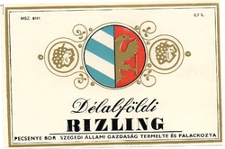 Boros címke: Délalföldi Rizling, Szeged.