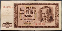 Ritka! Németország - NDK 5 Márka 1964, különleges sorszám! - EQ 399999 -