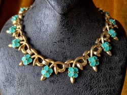 Vintage gold tone with blue enamel flowers festoon necklace