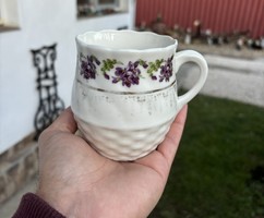 Nagyon régi ibolyás Porcelán hasas kakaós  virágos bögre falusi paraszti gyűjtői nosztalgia darab
