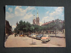 Képeslap,Békéscsaba,Szent István tér,parkoló,Trabant,Moszkvics autó látkép,részlet, 1964-