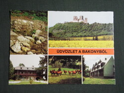 Képeslap,Bakony,mozaik,Gézaháza,Csesznek,Bakonybél,vár,forrás,turistaház látkép,részlet, 1981-