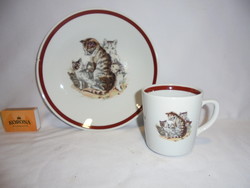Retro Kahla porcelán cica mintás gyerek mélytányér és bögre, csésze - együtt