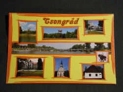 Képeslap,Csongrád,mozaik,híd,tanácsháza,áruház,templom,harangláb,tájház látkép,részlet,2000-