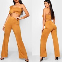 Új, 40-es/M-es mustársárga szett: félvállas crop top + wide nadrág