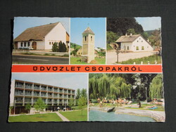 Képeslap,Csopak,mozaik,Molnár csárda,kápolna,Balaton strand,üdülő látkép,részlet, 1977-