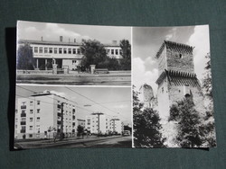 Képeslap,Miskolc,Diósgyőr,mozaik,vár,gimnázium,lakótelep,utca látkép részlet, 1961-