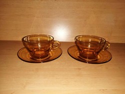 Borostyán színű üveg teás csésze + tányérka párban (12/K)