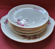 Eschenbach Bavaria német porcelán süteményes készlet kistányér tányér tálaló tál arany széllel virág