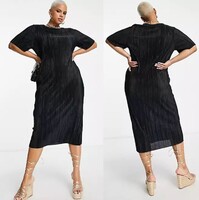 Új, 40-es/M-es pliszírozott, fekete T-shirt / póló fazonú midi ruha / oversize tunika, kismama ruha