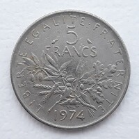 5 Frank 1974 érme, fémpénz - Franciaország 5 Frank 1974 pénzérme