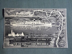 Képeslap,Budapest Esztergom között,Dunai hajózás,grafikai,térképes,gőzhajó, 1957-