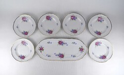 1U482 Virágmintás Hollóházi porcelán, aranyozott, fehér süteményes készlet 7 db