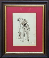 László Holló (1887 - 1976) Man in profile ink drawing with ORIGINAL GUARANTEE!