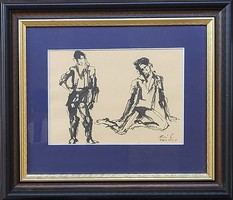 László Holló (1887 - 1976) Study of Figures Charcoal Painting with Original Guarantee!!