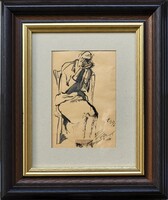 Holló László (1887 - 1976) Idős Ember c. tus festménye EREDETI GARANCIÁVAL !!