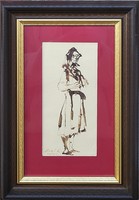 Holló László (1887 - 1976) Menyecske c. tus festménye EREDETI GARANCIÁVAL !!