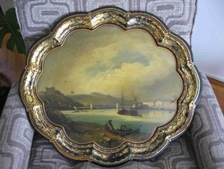 Dekoratív Antik Festett Dísz Tálca "Pesth" Jelzéssel Budapest Pest Buda