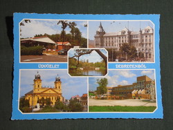 Képeslap,Debrecen,mozaik,Kemping,Arany Bika szálló,Ref. templom,gyógyfürdő látkép,részlet, 1990-