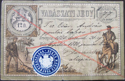 Vadászati jegy 12 forint értékjeggyel 1880 Gyula - vadász