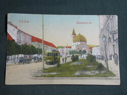 Képeslap,Pécs,Irgalmasok utcája részlet,villamos,Széchenyi tér,Dzsámi látkép,1924-