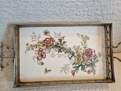 Gyönyörű antik fémkeretes porcelán betétes nagyméretű tálca